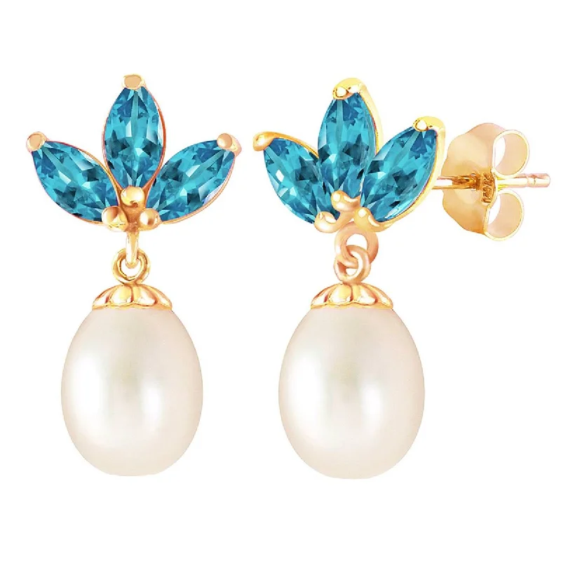 9.5 Carat 14K Solid Yellow Gold Dangling Earrings Pearl Blue Topaz