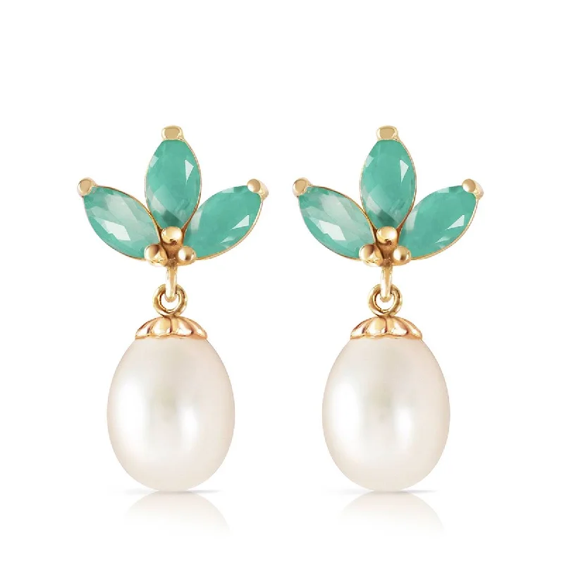 9.5 Carat 14K Solid Yellow Gold Dangling Earrings Pearl Emerald