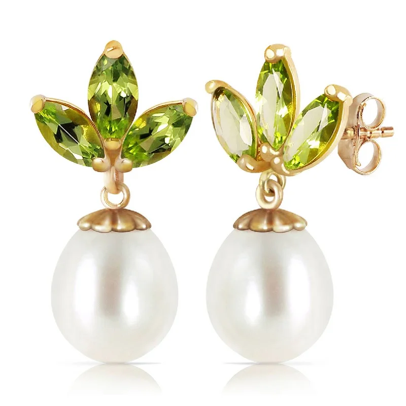 9.5 Carat 14K Solid Yellow Gold Dangling Earrings Pearl Peridot