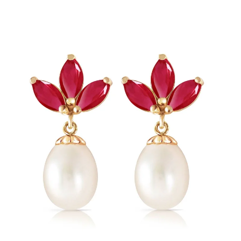 9.5 Carat 14K Solid Yellow Gold Dangling Earrings Pearl Ruby