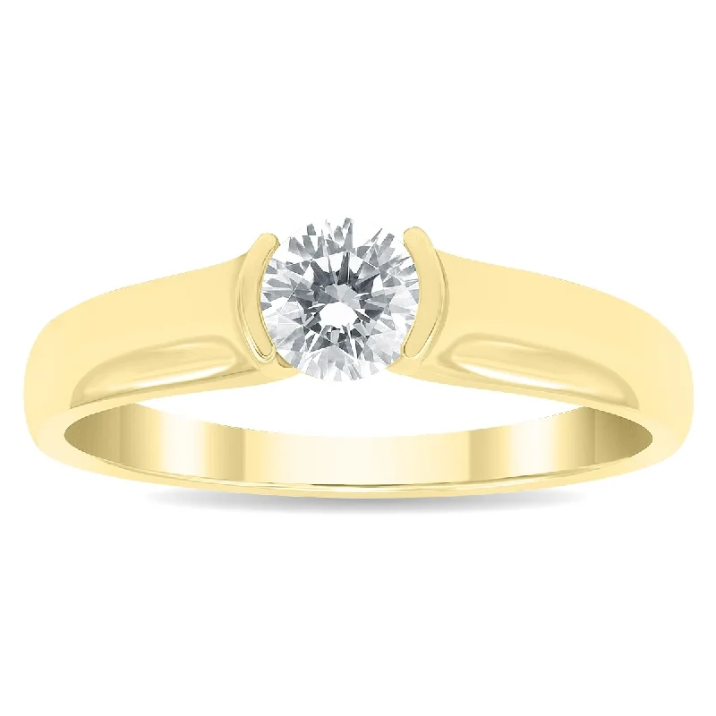 AGS Certified 3/4 Carat Half Bezel Diamond Solitaire Ring in 10K Yellow Gold