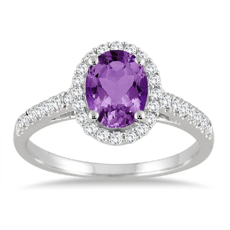 Amethyst and Diamond Halo Ring in 10K White Gold