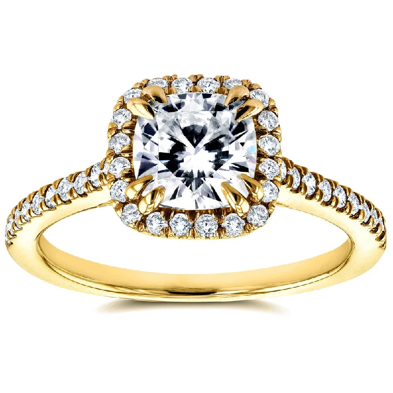 Annello by Kobelli 14k Yellow Gold 1 2/5ct TGW Forever One Moissanite and Diamond Halo Cathedral Engagement Ring