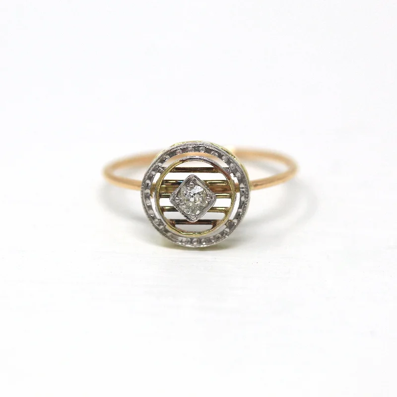 Art Deco Ring - Vintage 10k Yellow & White Gold Genuine .08 CT Diamond Gemstone - 1930s Era Size 6.5 Pin Conversion Target Fine Jewelry