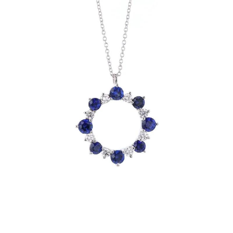 Blue Sapphire & Diamond Open Circle Pendant Necklace