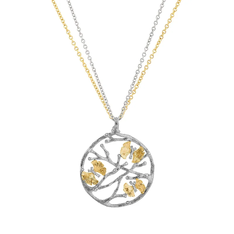 Butterfly Ginkgo Medallion Pendant Necklace with Diamonds