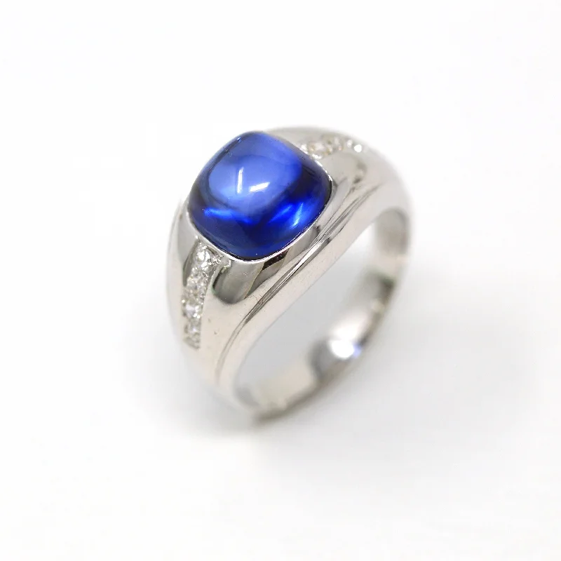 Created Sapphire Ring - Mid Century 14k White Gold Cabochon Cut Blue Stone - Vintage Circa 1950s Era .08 CTW Diamonds Fine Unisex Jewelry