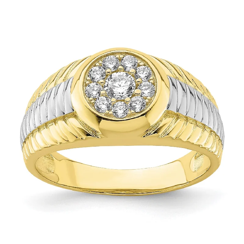 Cubic Zirconia Ring in 10KT Yellow Gold With Rhodium Plating; Size 9.5