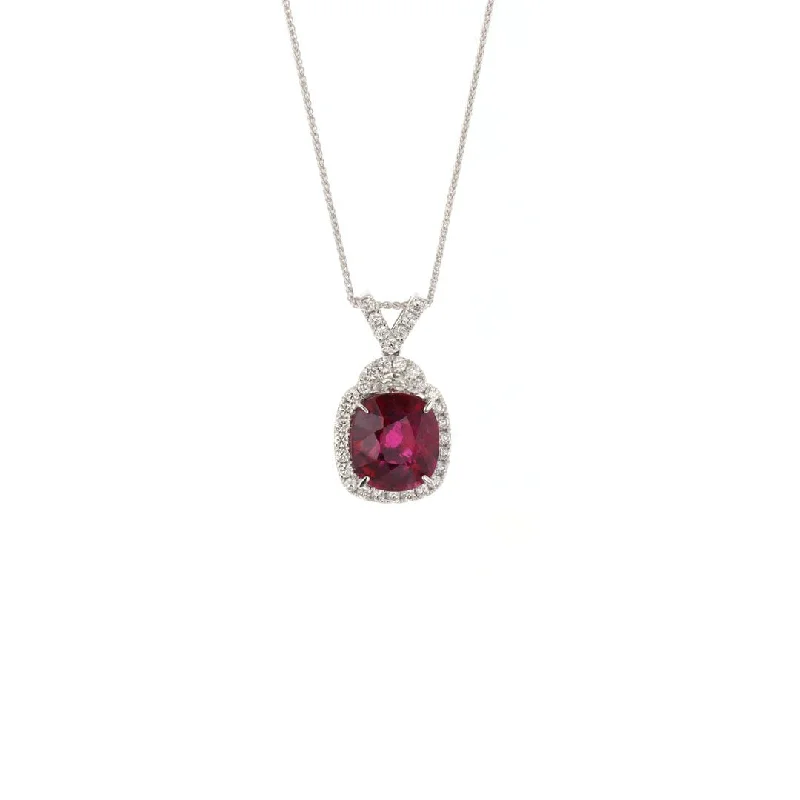 Cushion Rubelite & Diamond Halo Pendant Necklace