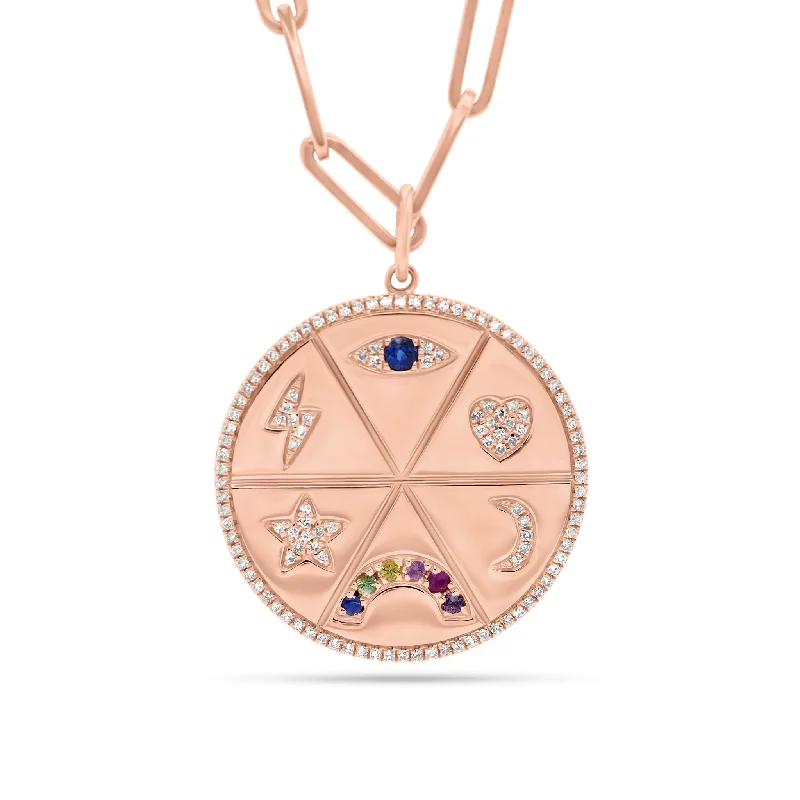 Diamond & Multicolor Gemstone Lucky Symbols Large Disc Pendant