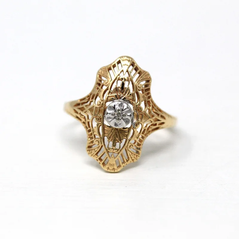 Diamond Shield Ring - Retro 10k Yellow & White Gold Filigree Two Tone Statement - Vintage Circa 1970s Era Art Deco Style Size 6 Fine Jewelry