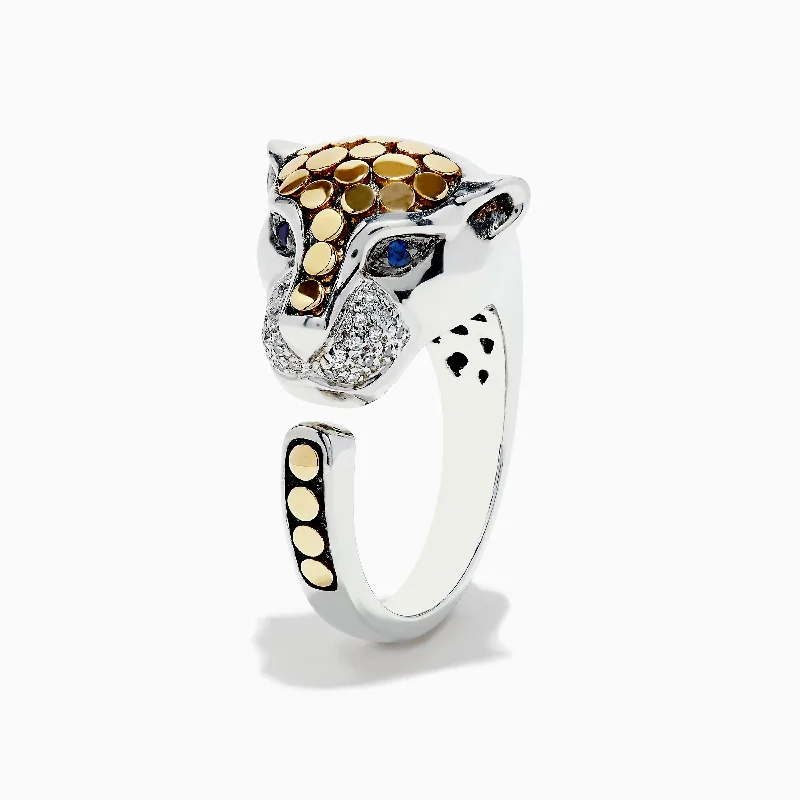 925 Sterling Silver & 18K Gold Diamond Panther Ring, 1.10 TCW