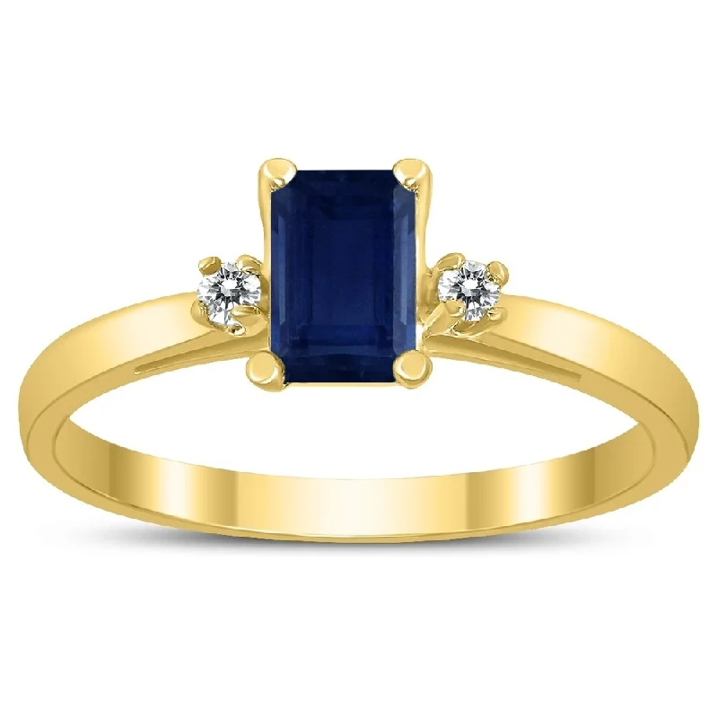 Emerald Cut 6X4MM Sapphire and Diamond Three Stone Ring in 10K Yellow Gold