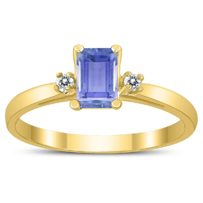 Emerald Cut 6X4MM Tanzanite and Diamond Three Stone Ring in 10K Yellow Gold