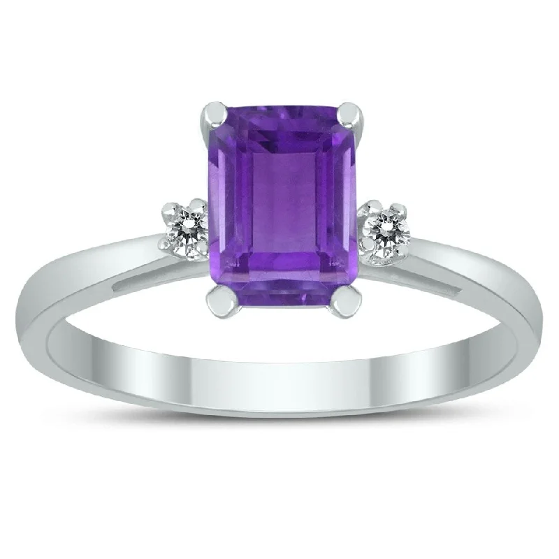 Emerald Cut 7X5MM Amethyst and Diamond Three Stone Ring in 10K White Gold