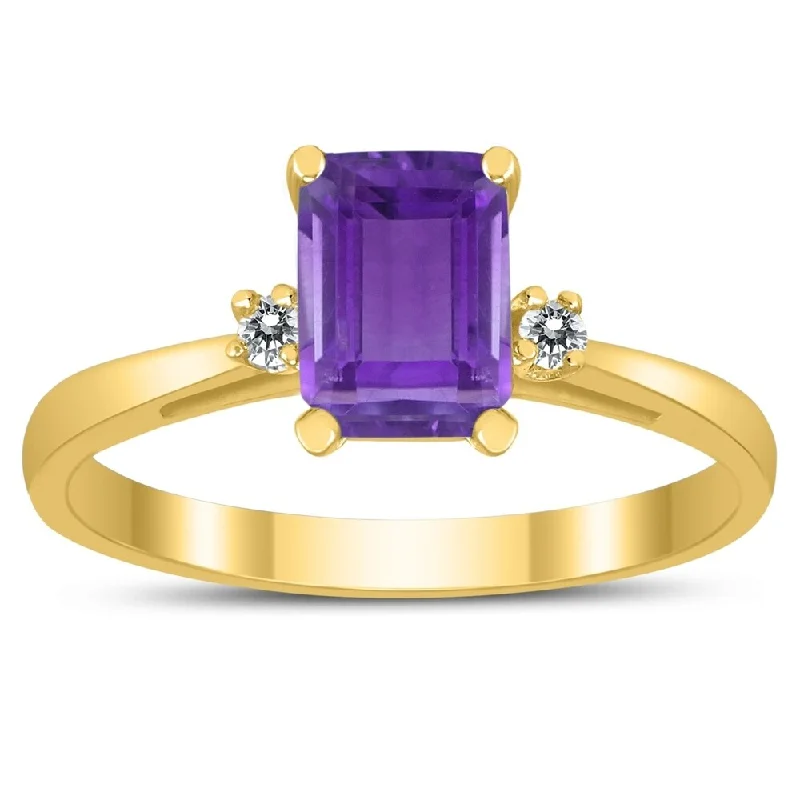 Emerald Cut 7X5MM Amethyst and Diamond Three Stone Ring in 10K Yellow Gold