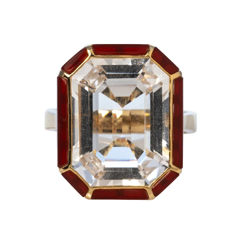 Goshwara Emerald-Cut Rock Crystal & Red Agate 18K Gold Ring