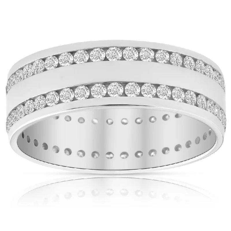 Mens 1 3/8Ct Diamond Eternity Ring 10k White Gold Double Row High Polished