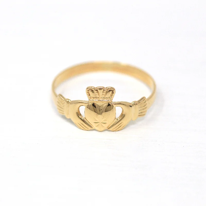 Modern Claddagh Ring - Estate 585 14k Yellow Gold Heart Clasped Hand Crown - 2000s Era Size 10 Ireland Friendship Love Loyalty Irish Jewelry