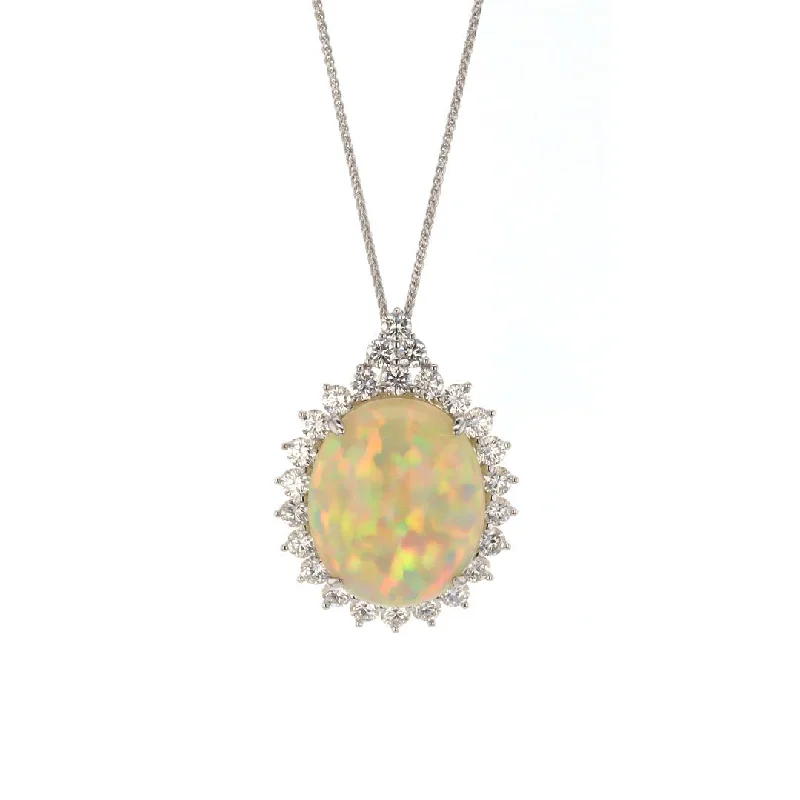 Oval Opal & Diamond Halo Pendant Necklace