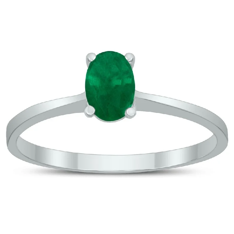 Oval Solitaire 6X4MM Emerald Ring in 10K White Gold