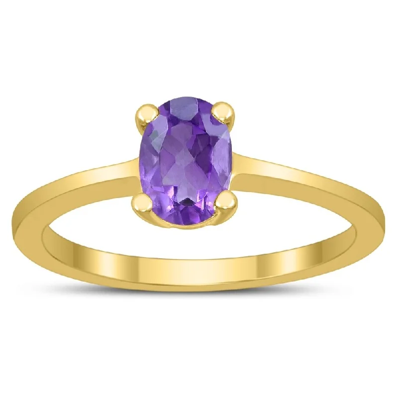 Oval Solitaire 7X5MM Amethyst Ring in 10K Yellow Gold