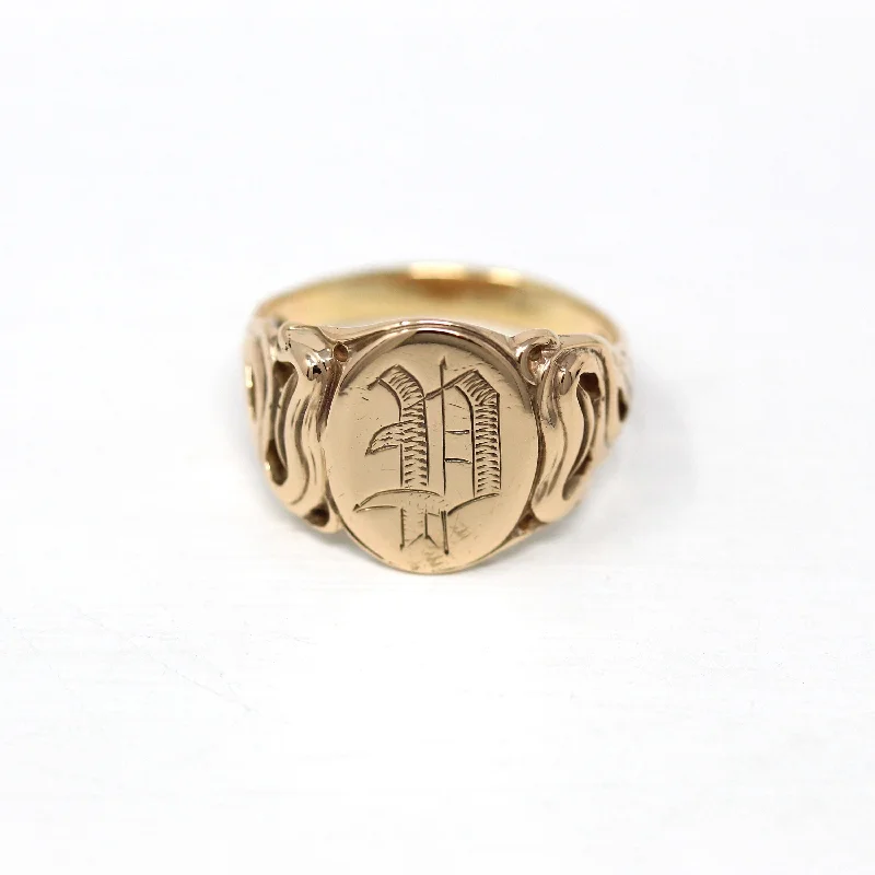 P Snake Signet Ring - Edwardian Era 10k Yellow Gold Engraved Initial Letter P- Antique Dated 1906 Size 7 1/4 Fine Rare Engraved Jewelry