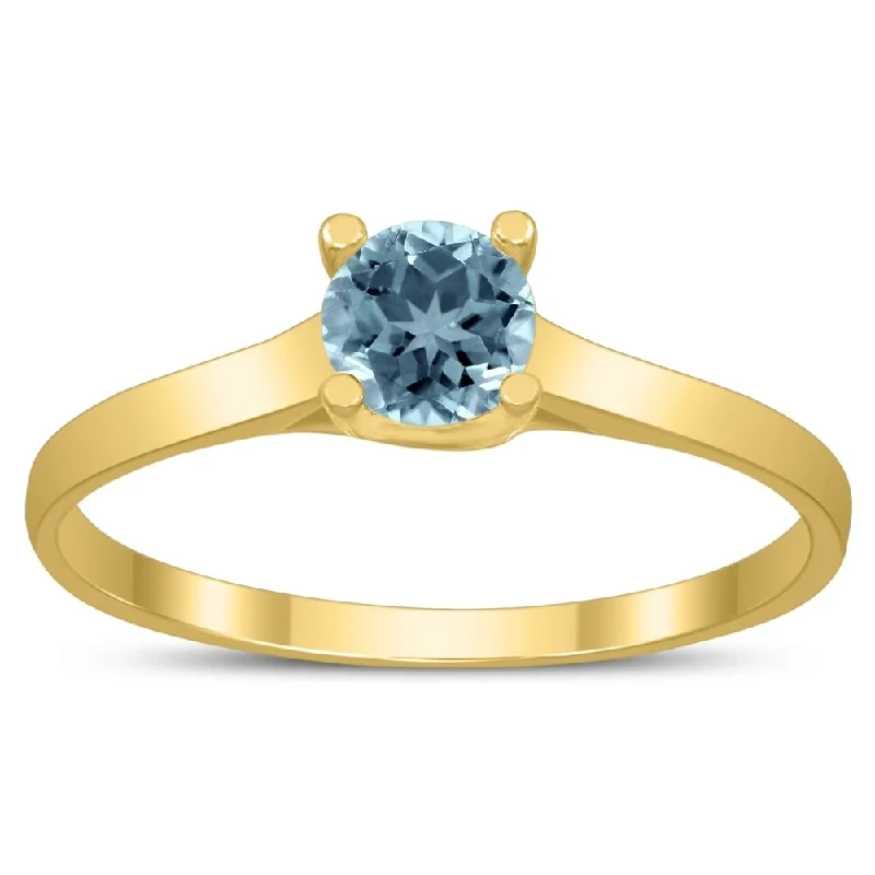 Round 4MM Aquamarine Cathedral Solitaire Ring in 10K Yellow Gold