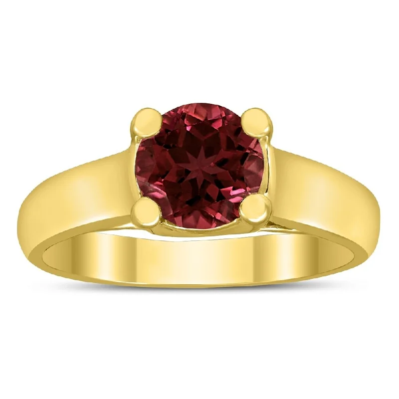 Round 7MM Garnet Cathedral Solitaire Ring in 10K Yellow Gold