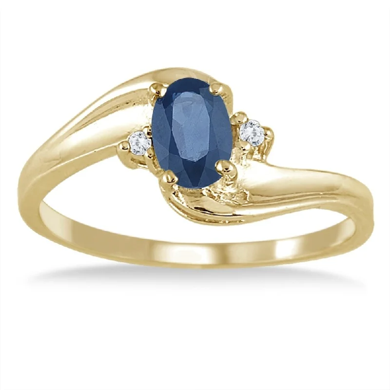 Sapphire Gemstone and Diamond Wave Ring 14k Yellow Gold