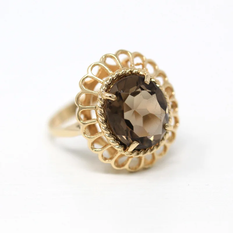 Smoky Quartz Ring - Retro 14k Yellow Gold Genuine Oval Faceted 3.78 CT Brown Gem - Vintage Circa 1970s Size 7 1/4 Statement Jewelry