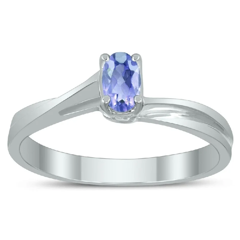 Solitaire Oval 5X3MM Tanzanite Gemstone Twist Ring in 10K White Gold