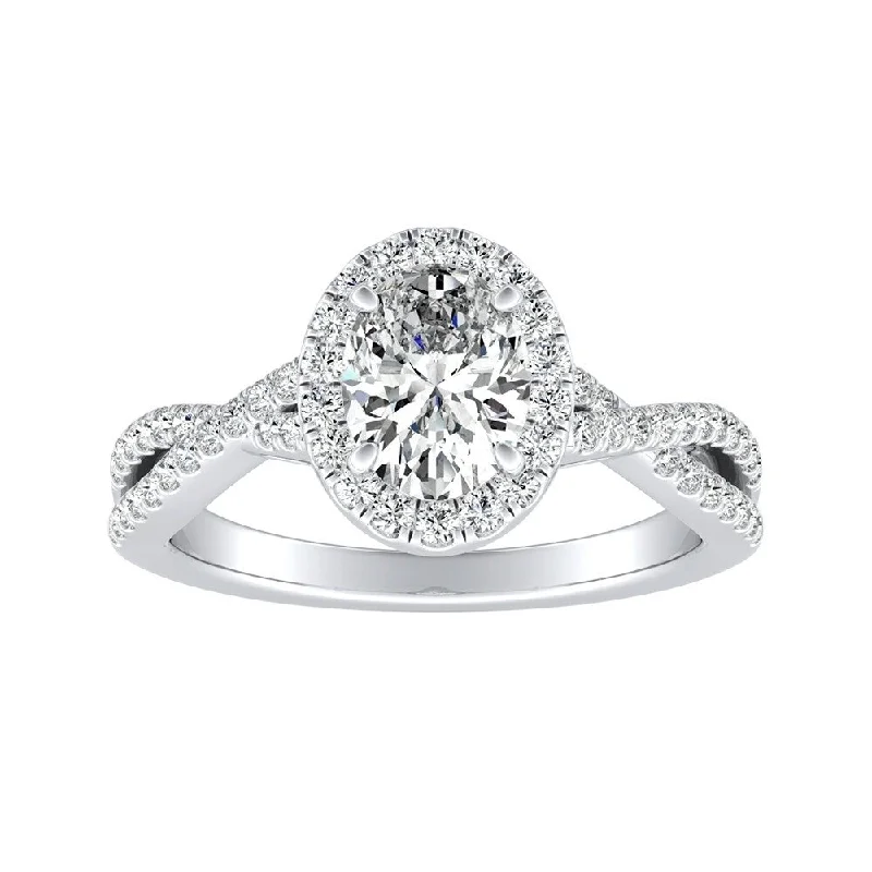 Twisted Oval-cut 1ctw Halo Diamond Engagement Ring 18k Gold by Auriya (I-J, I1-I2)