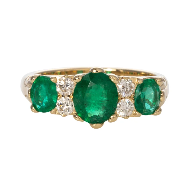 Victorian Style 3-Stone Emerald & Diamond 14K Gold Ring