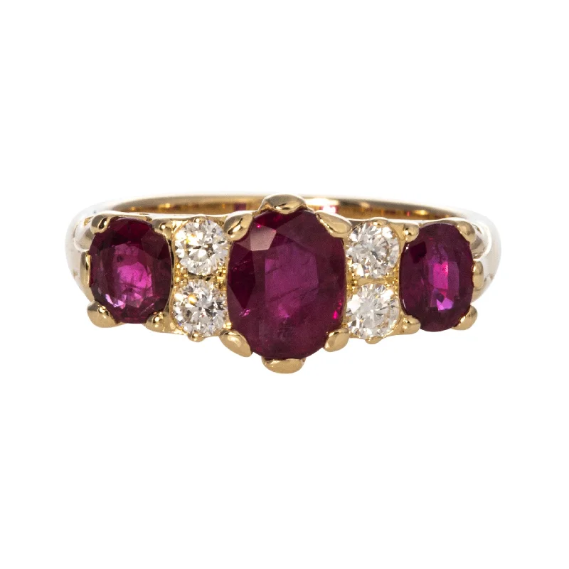 Victorian Style 3-Stone Ruby & Diamond 14K Gold Ring