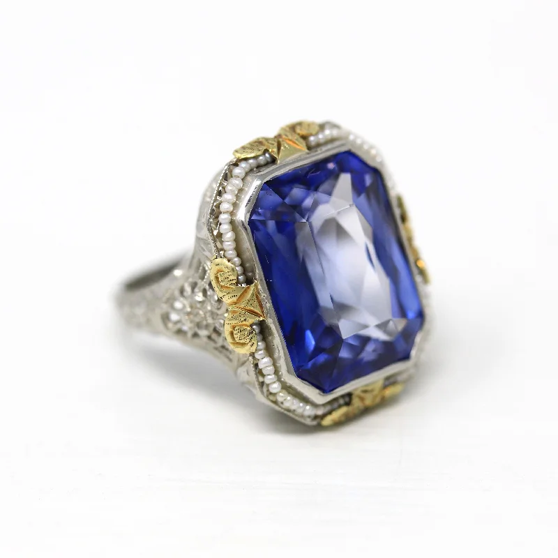 Vintage Art Deco Ring - 14k White Gold 12.4 Ct Created Sapphire Seed Pearl Halo Statement - Circa 1930s Flower Size 6 Two Tone Fine Jewelry