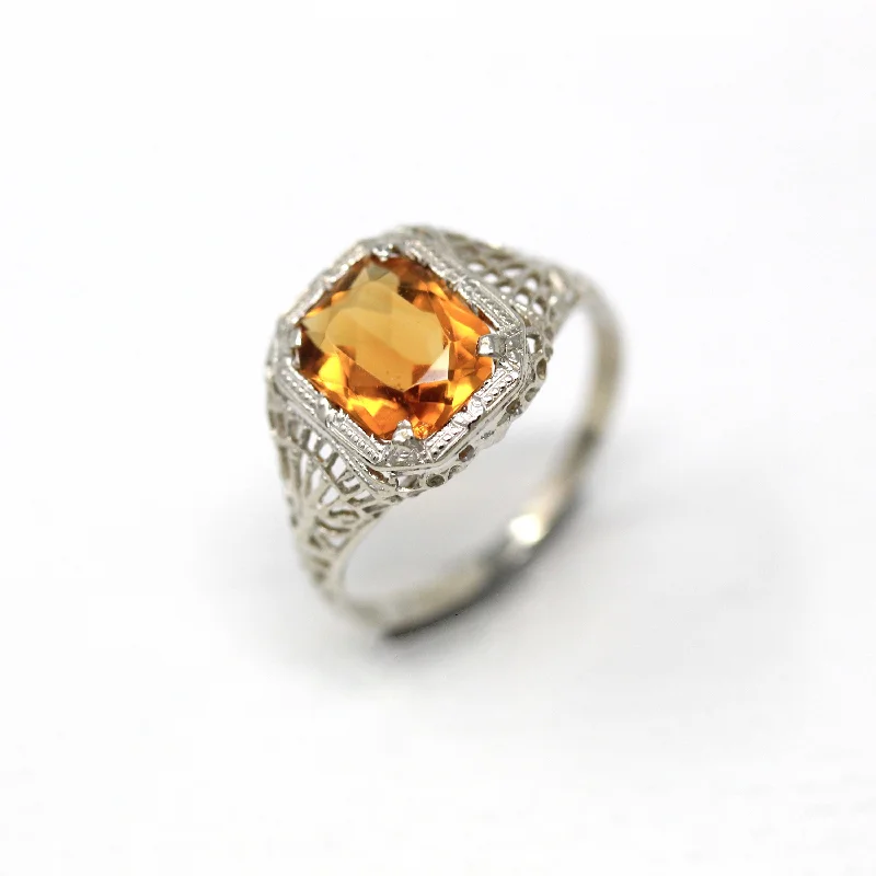 Vintage Filigree Ring - Art Deco Era 14k White Gold Genuine Citrine Solitaire - Vintage Circa 1930s Orange Gemstone Size 5 Fine Jewelry