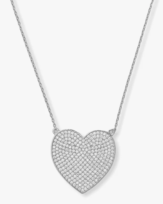 XL You Have My Whole Heart Pavé Necklace 15" - Silver|White Diamondettes