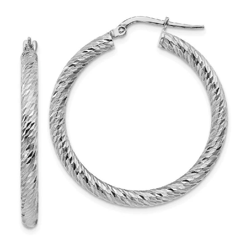 14k 3x25mm White Gold Diamond-cut Round Hoop Earrings (L-33.25 mm, W-32.25 mm)