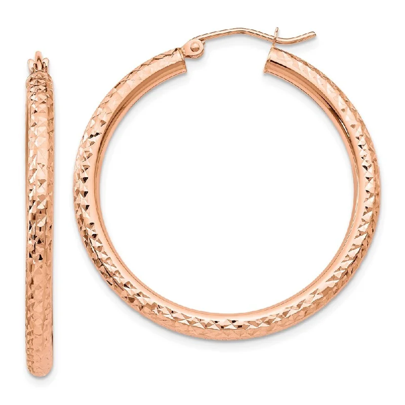 14k Rose Gold Diamond-cut Round Hoop Earrings (L-35 mm, W-3 mm)