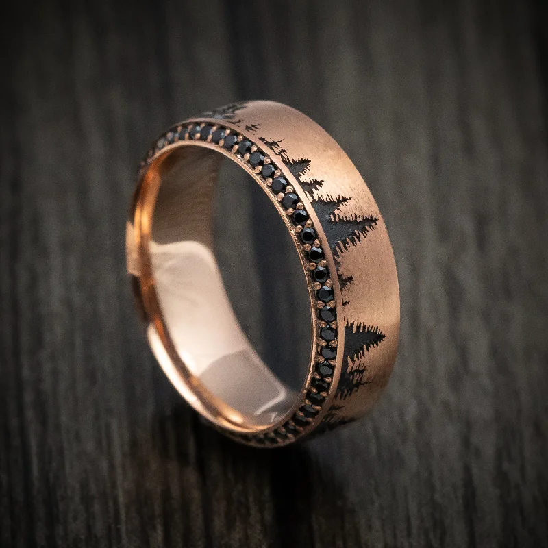 14K Rose Gold Spruce Pine Tree and Eternity Black Diamond Men's Ring