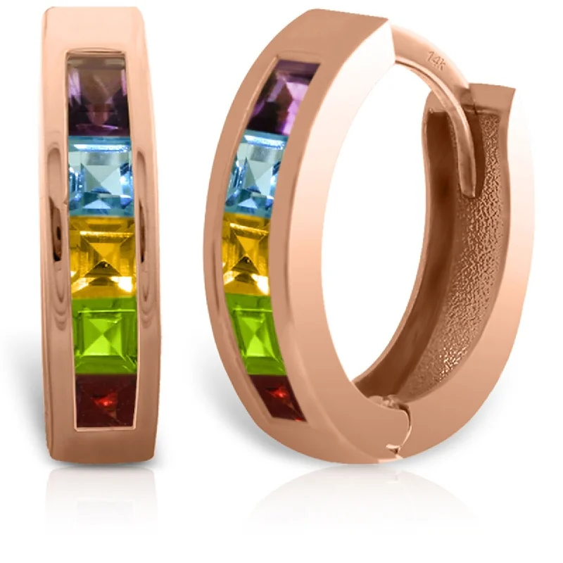 14K Solid Gold Elegant Hoop Huggie Earrings w/ Natural Multi Gemstones