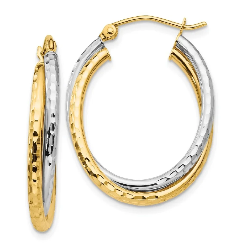 14k Two-tone Gold Diamond-cut Oval Hoop Earring (L-17 mm, W-5 mm)