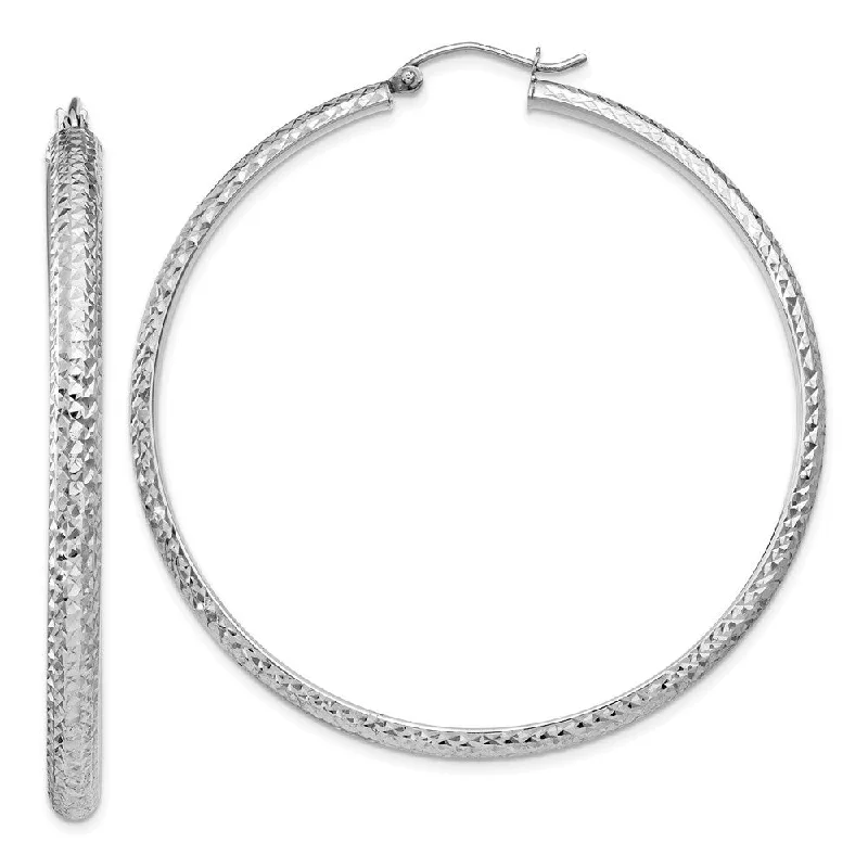 14k White Gold Diamond-cut Hollow Hoop Earrings (L-52 mm, W-3.5 mm)