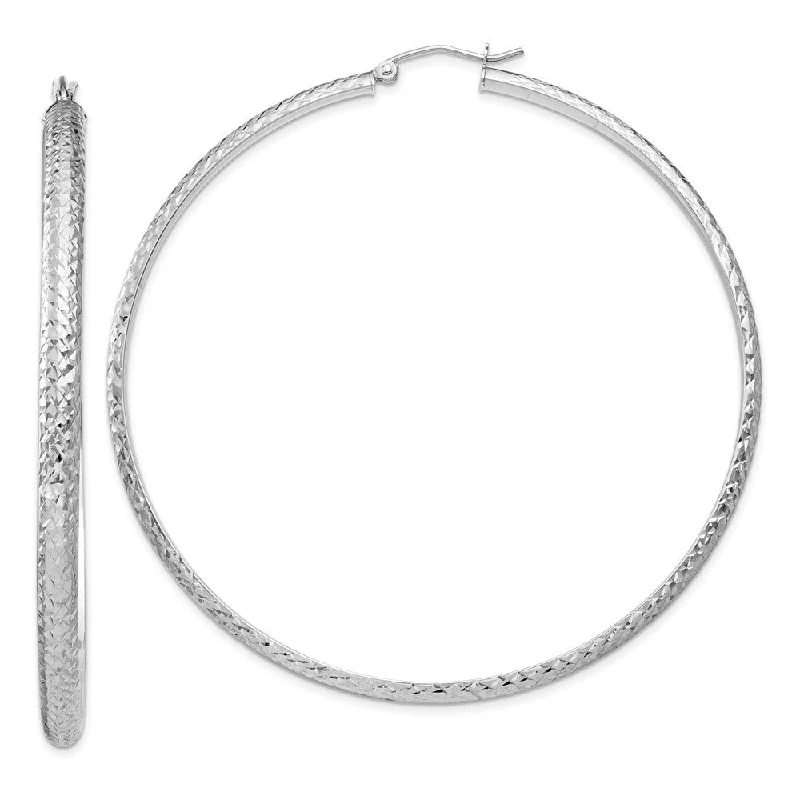 14k White Gold Diamond-cut Hollow Hoop Earrings (L-65 mm, W-3.5 mm)