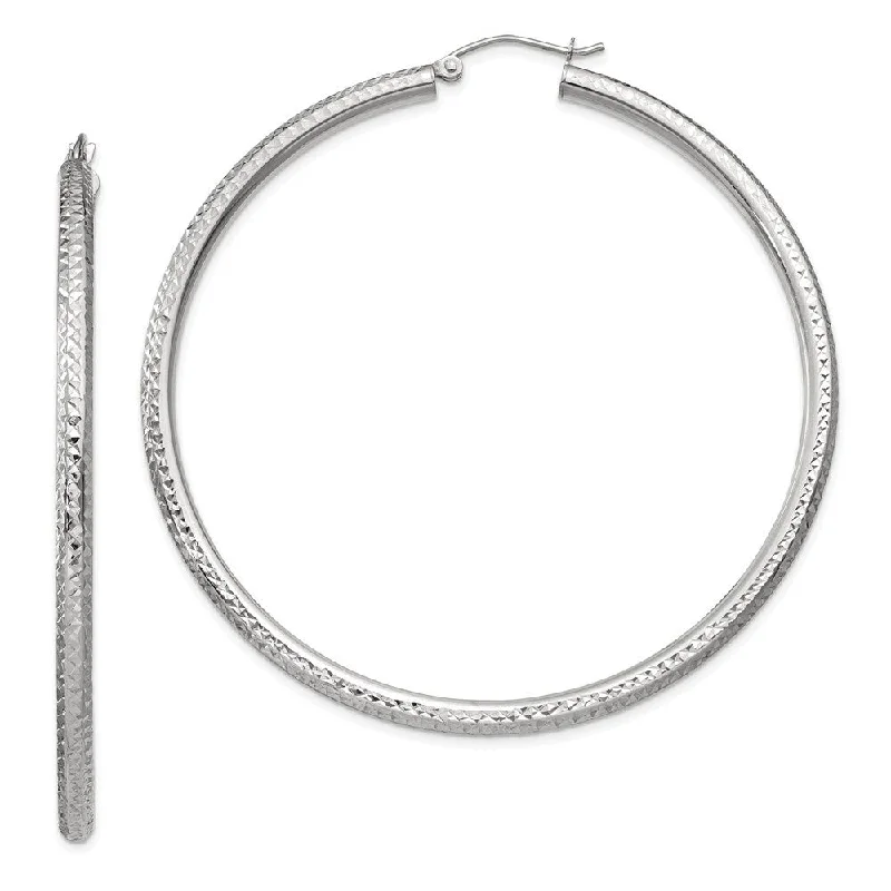 14k White Gold Diamond-cut Round Hoop Earrings (L-60 mm, W-3 mm)