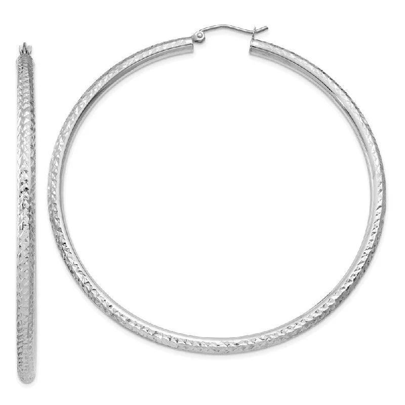 14k White Gold Diamond-cut Round Hoop Earrings (L-65 mm, W-3 mm)