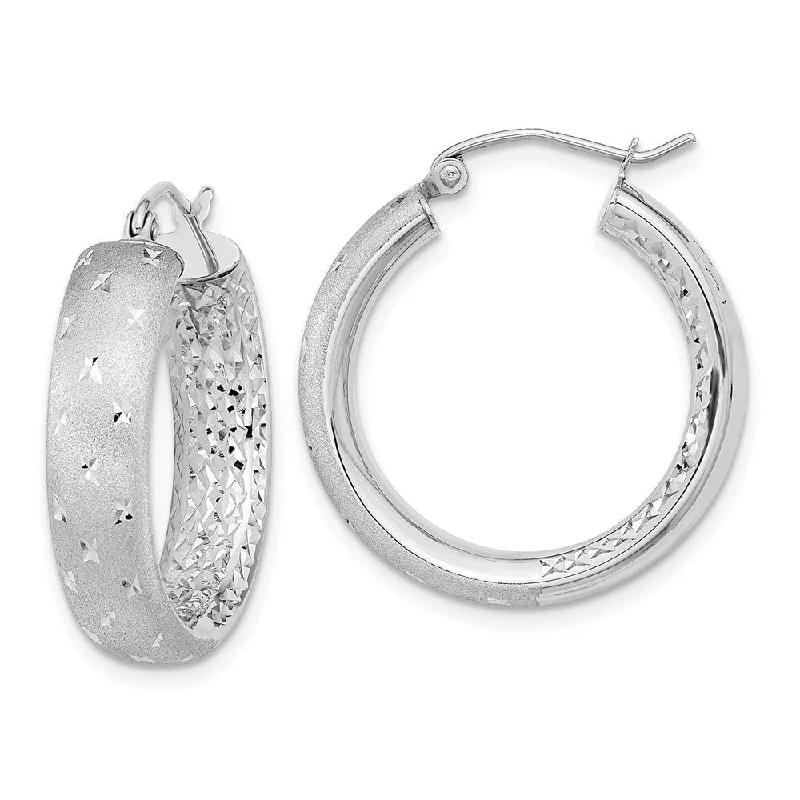 14k White Gold Diamond Cut Round Women Hoop Earrings (L-26.11 mm, W-23.14 mm)