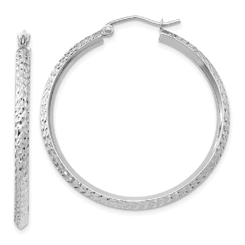 14K White Gold Knife Edge Diamond-cut 2.5x25mm Hoop Earrings (L-35 mm, W-2.5 mm)