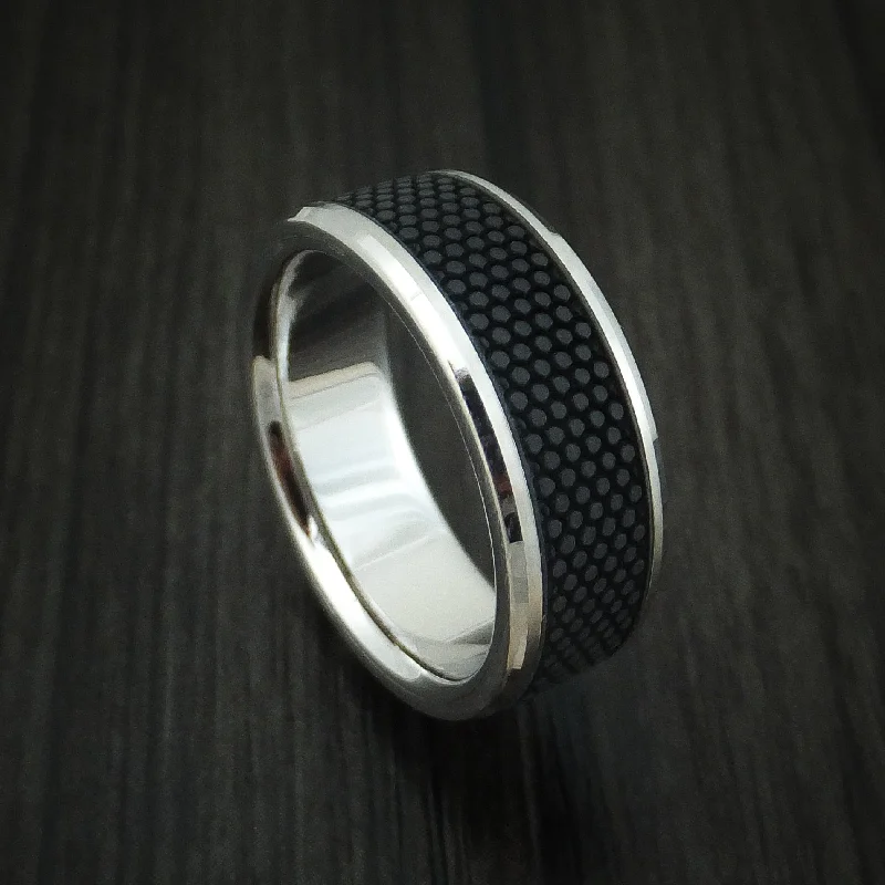 14K White Gold Men's Ring With Patterned Carbon Fiber Custom Made Band